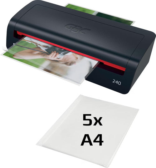 GBC 240 A4 laminator feeding a laminated photo, with a starter pack of 5 A4 pouches shown in front