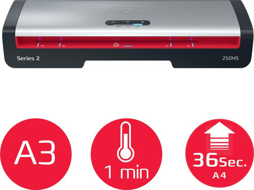 Front view of the GBC 250HS laminator above three red badges reading A3, 1 min and 36 Sec. A4