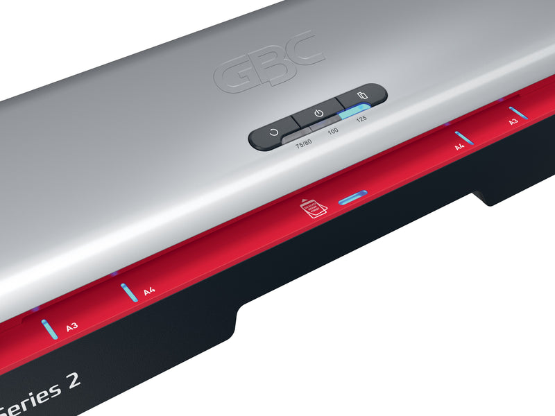 Close up of the GBC 250HS feed slot with lit A3 and A4 guide marks at each end, a sealed edge first symbol, and the 125 setting lit on the control panel above
