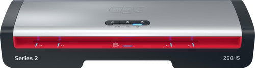 Straight front view of the GBC Series 2 250HS laminator showing the silver lid, the control buttons in the centre and the full width red feed slot
