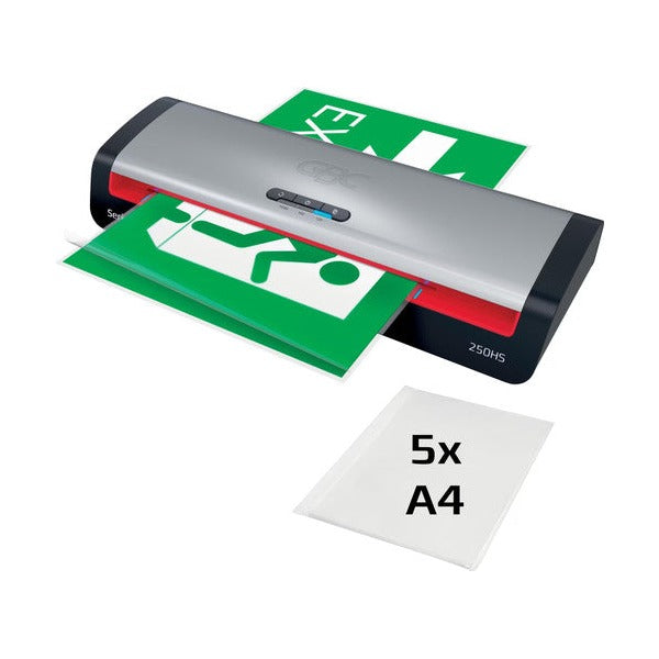 GBC 250HS laminator feeding a green exit sign through its rollers, with a pack marked 5x A4 pouches shown in front of the machine