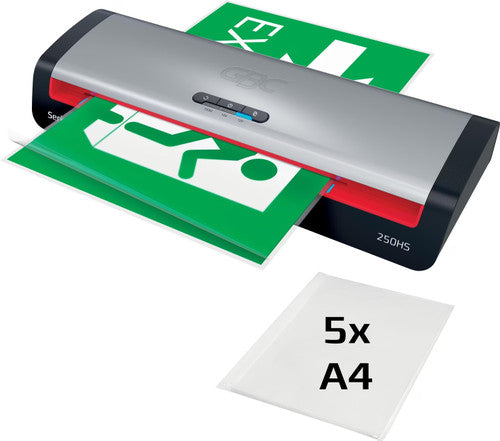 GBC 250HS laminator feeding a green exit sign through its rollers, with a pack marked 5x A4 pouches shown in front of the machine