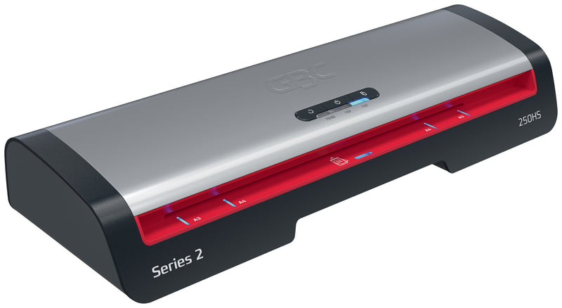 Angled front view from the left of the GBC 250HS A3 pouch laminator with a silver lid, black ends and red feed slot, printed Series 2 and 250HS