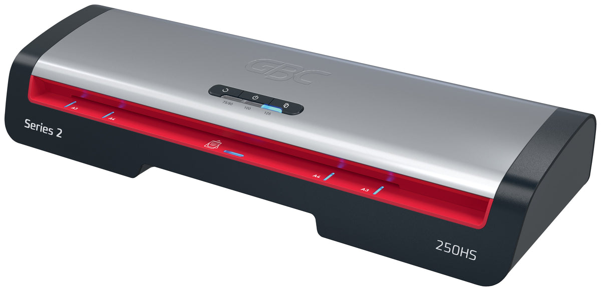 GBC 250HS A3 laminator seen from the right, showing the silver lid with GBC logo, control buttons marked 75/80, 100 and 125, and A3 and A4 guide marks on the red feed strip