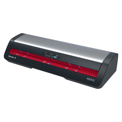 Angled front view of the GBC 480HS A3 laminator with a silver top, black body and red feed panel printed Series 4 and 480HS