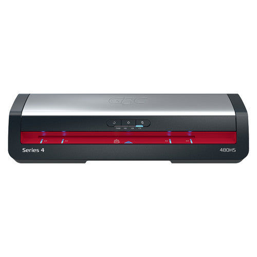 Straight front view of the GBC 480HS laminator showing the red feed slot, control buttons in the centre and Series 4 at the left