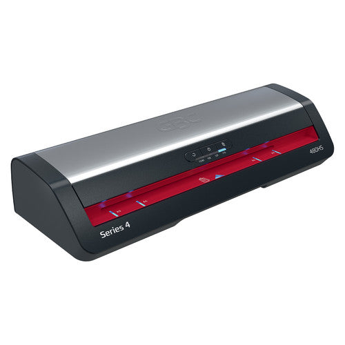 GBC 480HS A3 laminator seen from the right with 480HS printed on the side panel and blue lights along the feed slot