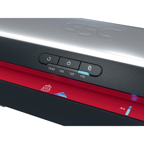 Closer view of the GBC 480HS buttons with a blue light under the 175 marking and a feed symbol on the red strip below