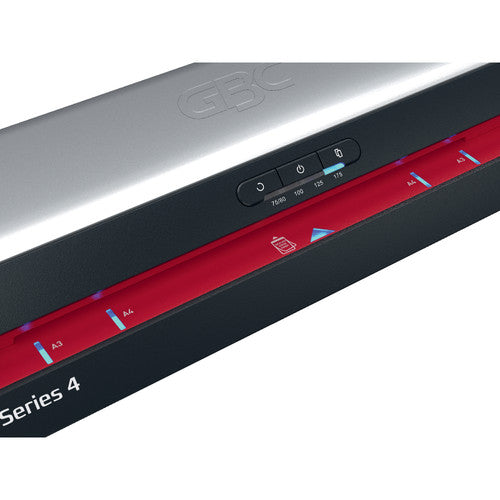 GBC 480HS laminator feeding a blue illustrated A3 sheet through its rollers with a second sheet behind the machine