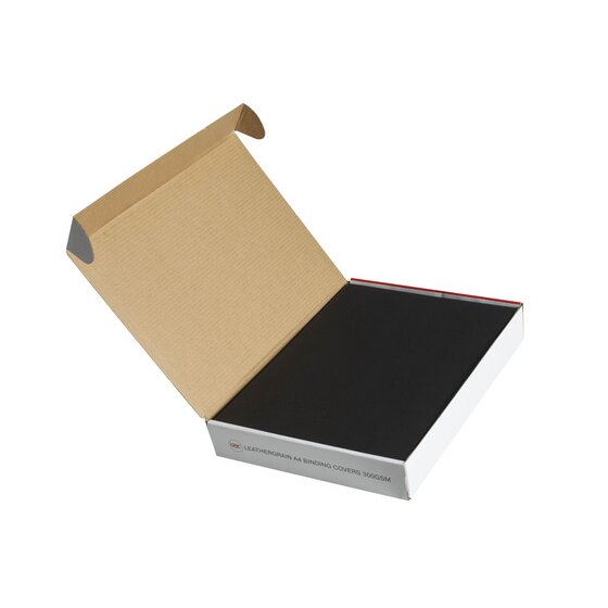 Open brown carton holding a flat stack of black leathergrain A4 binding covers, with the carton edge printed leathergrain A4 binding covers 300gsm