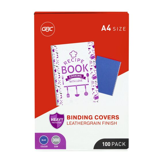 Red and white GBC pack of A4 leathergrain finish binding covers showing a blue cover beside a bound book, marked blue, 300 gsm and 100 pack