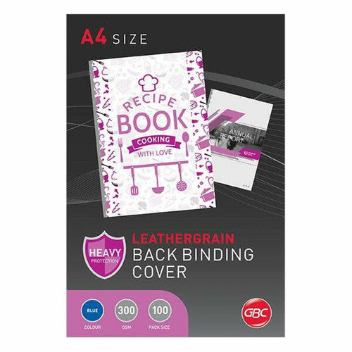 Older GBC pack of A4 leathergrain back binding covers, heavy protection, with blue colour, 300 gsm and 100 pack size markers