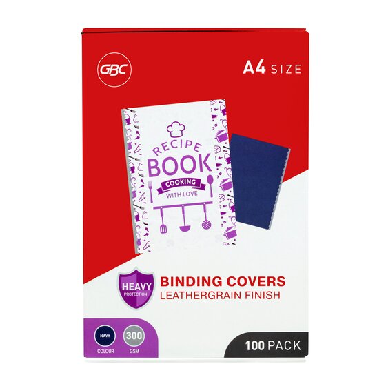 Red and white GBC pack of A4 leathergrain finish binding covers with a navy cover beside a bound book, marked navy, 300 gsm and 100 pack