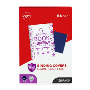 Red and white GBC pack of A4 leathergrain finish binding covers with a navy cover beside a bound book, marked navy, 300 gsm and 100 pack