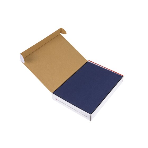 Open brown carton holding a flat stack of navy leathergrain A4 binding covers