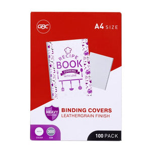 Red and white GBC pack of A4 leathergrain finish binding covers with a white cover beside a bound book, marked white, 300 gsm and 100 pack