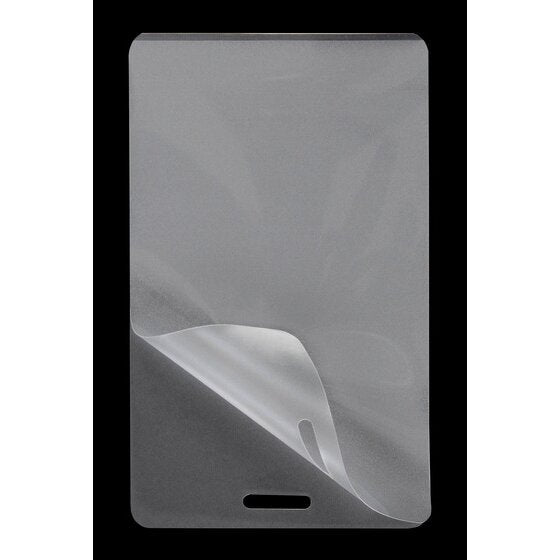 Single clear GBC 65 x 108mm luggage size laminating pouch with a slot at one end and a corner peeled back, on black
