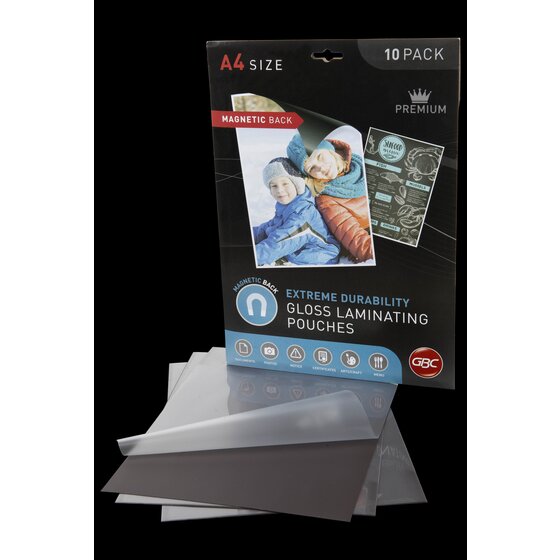 GBC magnetic back A4 laminating pouch pack standing behind a fan of loose pouches against a black background