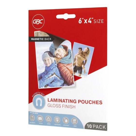Front of the red and white GBC 6 x 4 inch size 10 pack of magnetic back gloss laminating pouches showing two family photos