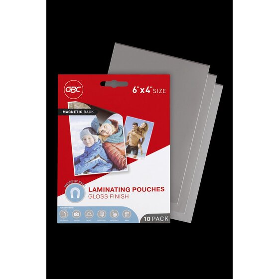 GBC 6 x 4 inch magnetic back laminating pouch pack in front of three loose pouches on a black background