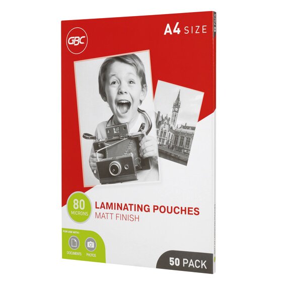 Red and white GBC A4 size box of 50 laminating pouches, 80 microns, matt finish, with a black and white photo of a boy