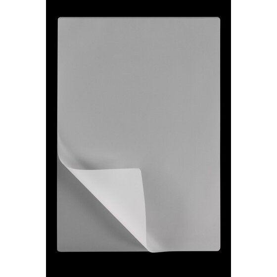 Single GBC A4 matt laminating pouch with a frosted appearance on a black background and the lower corner lifted