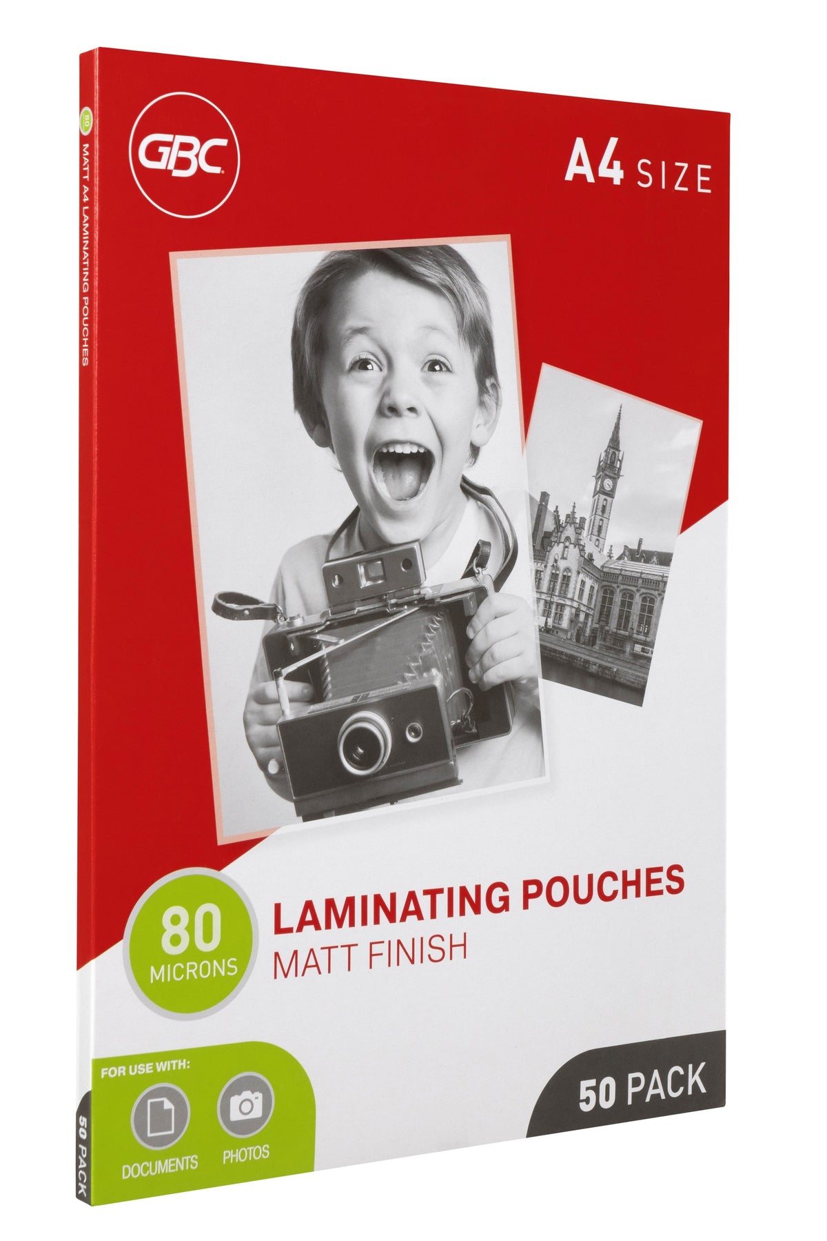 GBC A4 matt finish 80 micron laminating pouches 50 pack box turned to show the left side panel, red and white design