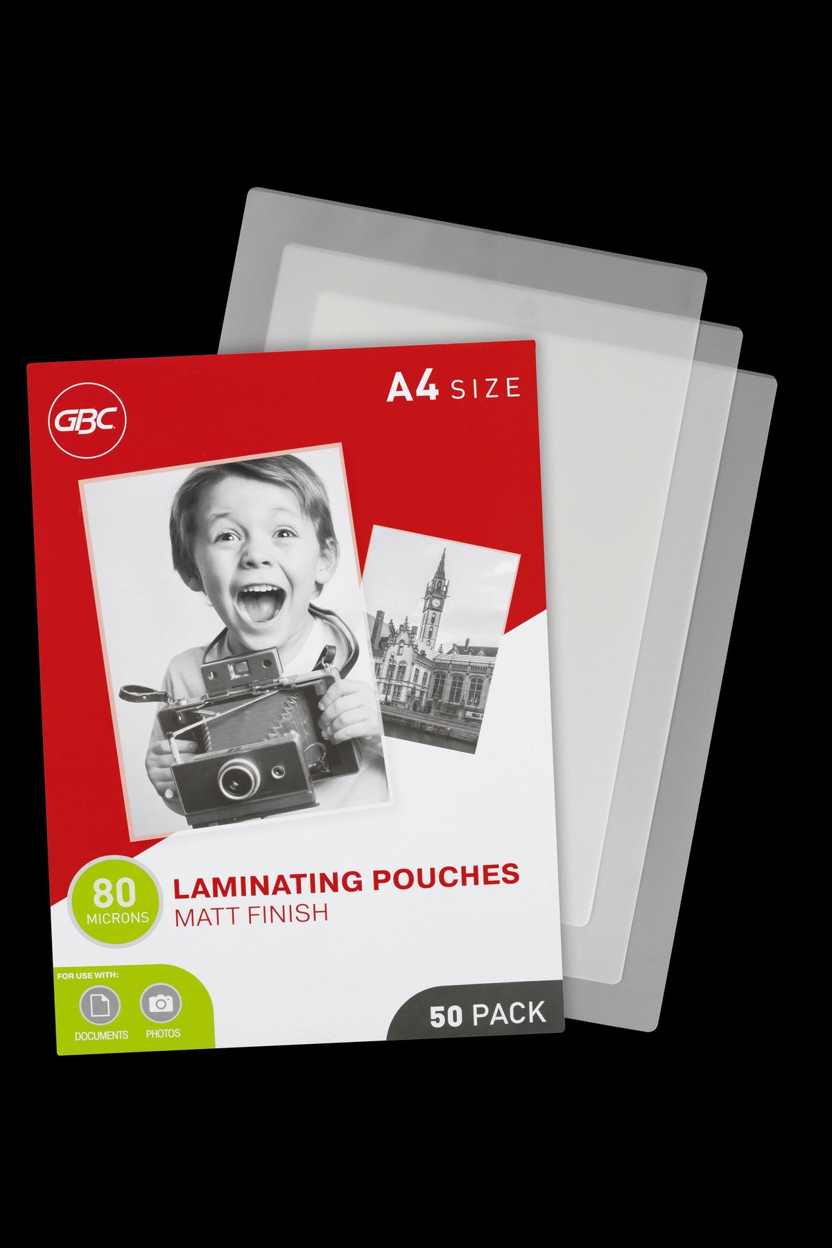 GBC A4 matt finish 80 micron 50 pack box in front of loose frosted laminating pouches on a black background