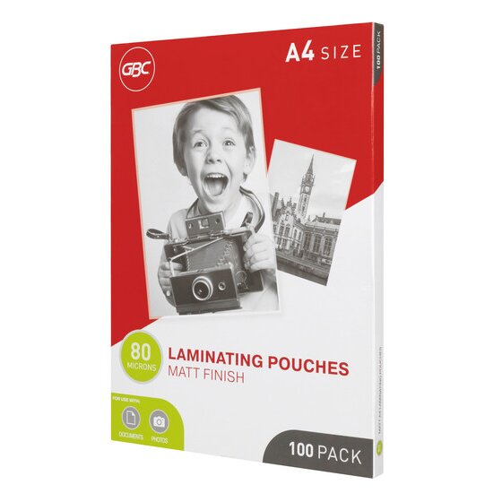 Red and white GBC A4 size box of 100 laminating pouches, 80 microns, matt finish, with a black and white photo of a boy
