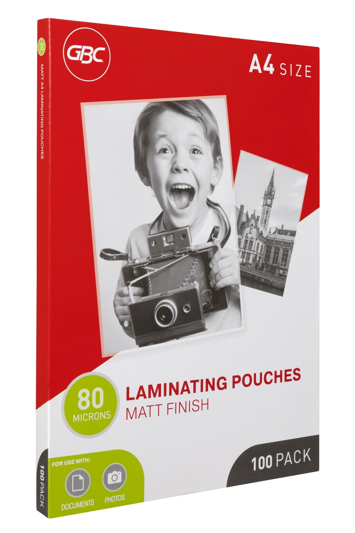 GBC A4 matt finish 80 micron laminating pouches 100 pack box turned to show the left side panel, red and white design