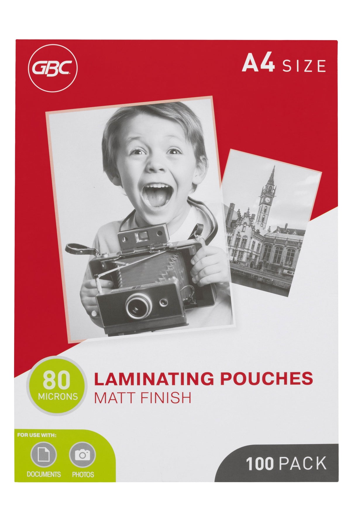 Flat front view of the red and white GBC A4 size box of 100 laminating pouches, 80 microns, matt finish, for documents and photos