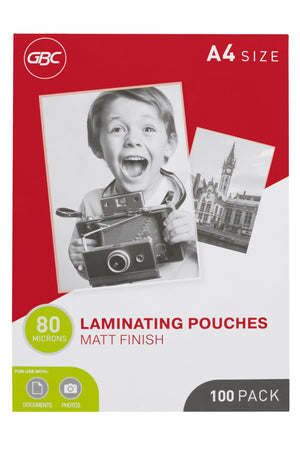 Flat front view of the red and white GBC A4 size box of 100 laminating pouches, 80 microns, matt finish, for documents and photos