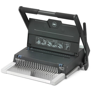 GBC MultiBind 220 charcoal manual comb binding machine with a padded double handle, raised instruction panel and comb opening fingers