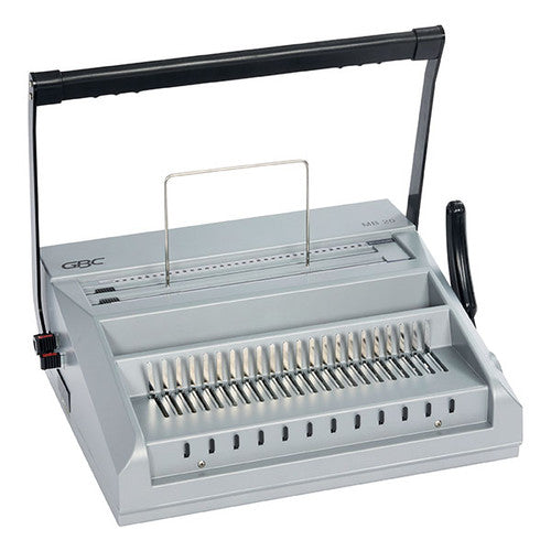 GBC MultiBind MB20 grey manual binding machine with a black top punch handle, a side lever and a row of comb opening fingers