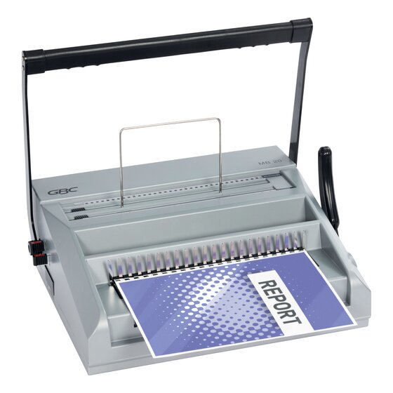 Report with a blue cover lying in front of the GBC MB20 while being fitted onto a black plastic comb held open by the machine