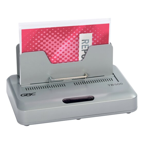 GBC TB500 thermal binder holding a thermal cover with a red report upright in its rear document holder