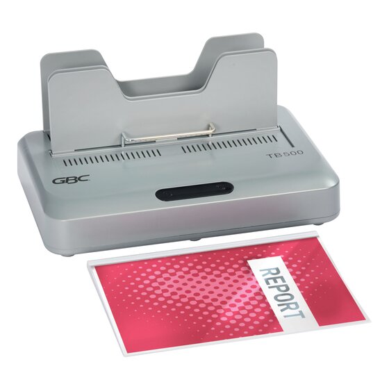 GBC ThermaBind TB500 on a white background with a finished red thermal bound report lying in front of it