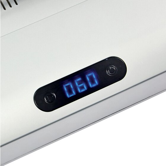 Close view of the GBC TB500 front panel with a blue digital display showing 060 beside a round power button