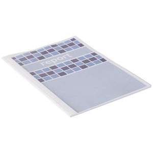 GBC thermal binding cover range photo: clear front over a blue report page with a white glued spine and white back; width not visible