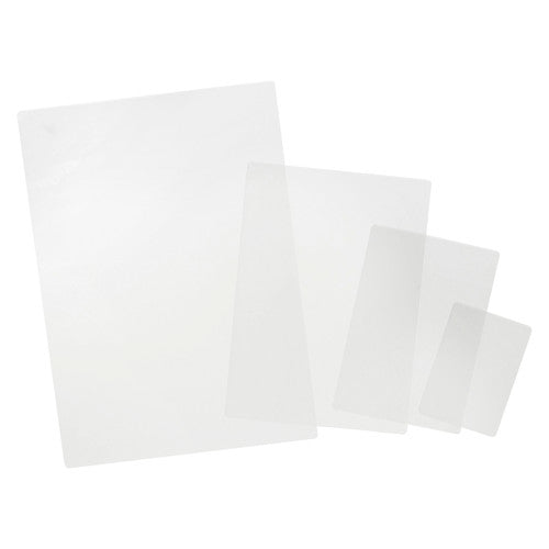 Four clear GBC laminating pouches in graded sizes from A4 down to a small card size, overlapping on a white background