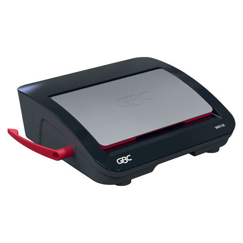 GBC WireBind WB15E electric wire binder closed, black body with a silver lid panel, WB15E on the front and a red lever at the side