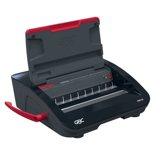 GBC WireBind WB15E with the lid raised showing the punch slot, wire pins and small red and green indicator lights