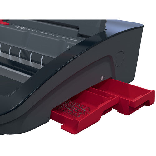 Side of the GBC WireBind WB15E with the red storage drawer drawn out holding coils of spare silver wire