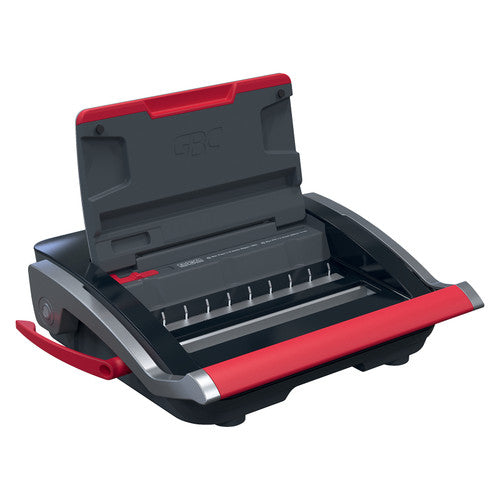 GBC WireBind WB15 with the lid raised showing the row of punch pins and the red margin lever
