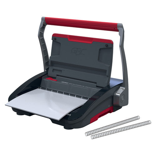 GBC WireBind WB15 with its handle raised, a white sheet in the punch and two silver wire combs beside it