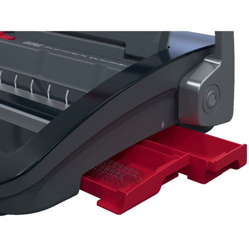 Side view of the GBC WireBind WB15 with the red clippings drawer pulled out holding punched paper waste