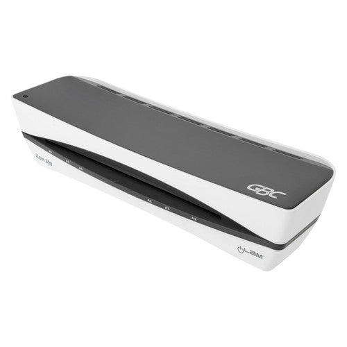 GBC iLam 300 A4 pouch laminator with a dark grey top and white body, feed slot marked A4, A5 and A6 and iLam 300 on the side