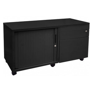 Rapidline Go mobile caddy in Black Satin front view, with the tambour door on the left, pedestal drawers on the right and castors.