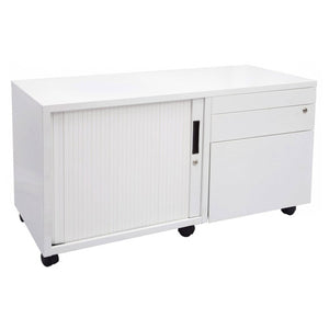 Rapidline Go mobile caddy in White China front view, with the tambour door on the left, pedestal drawers on the right and castors.