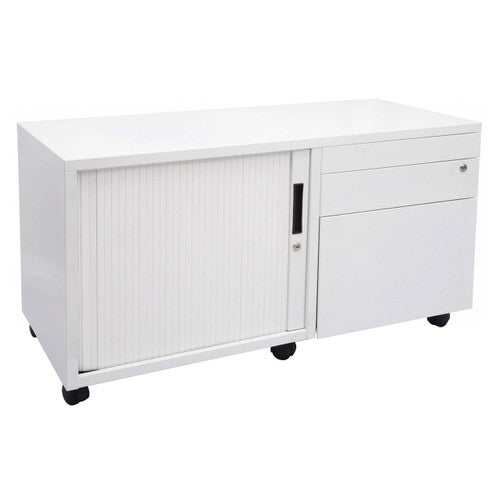 Rapidline Go mobile caddy in White China front view, with the tambour door on the left, pedestal drawers on the right and castors.